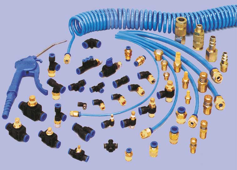 Amplia gama de accesorios y conexiones neumáticas para sistemas de aire industrial.